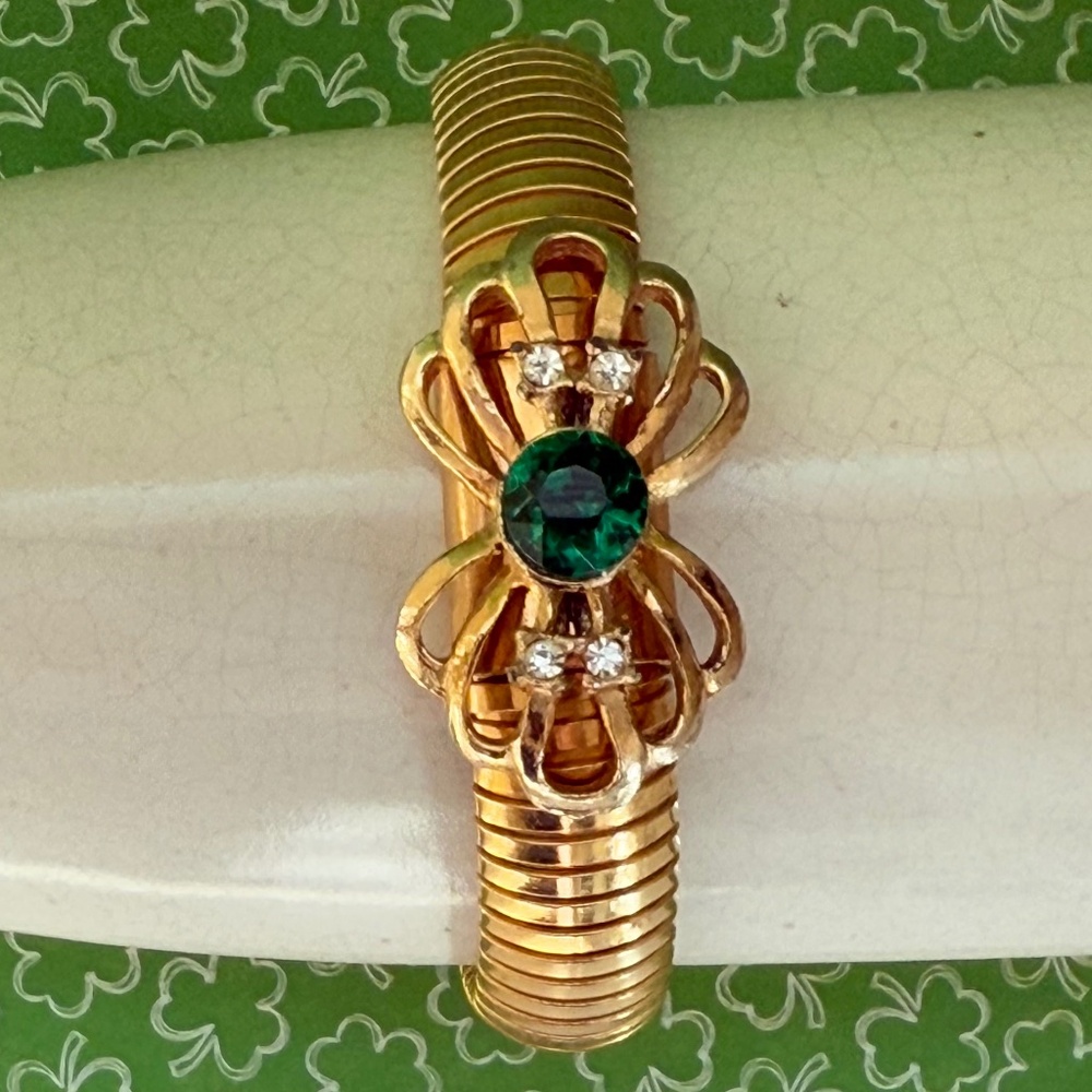 Bracelet Stretch Golden Green Clear Rhinestones Golden Vintage - Picture 5 of 6